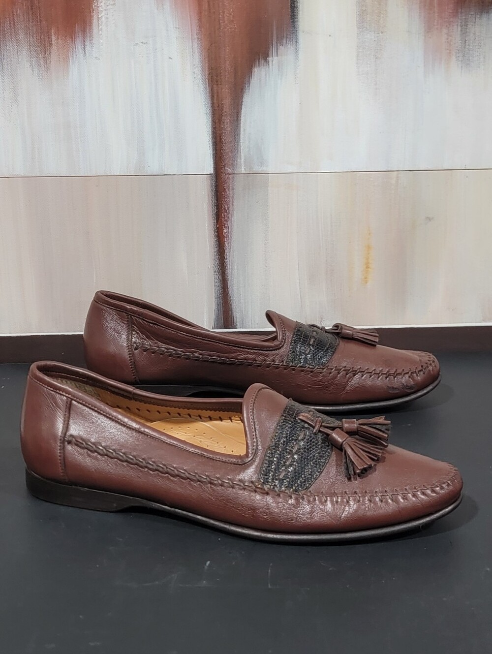Santoni Aspen Men's 9.5 D Brown Leather Lizard Trim Tassel Loafers Dress Shoes